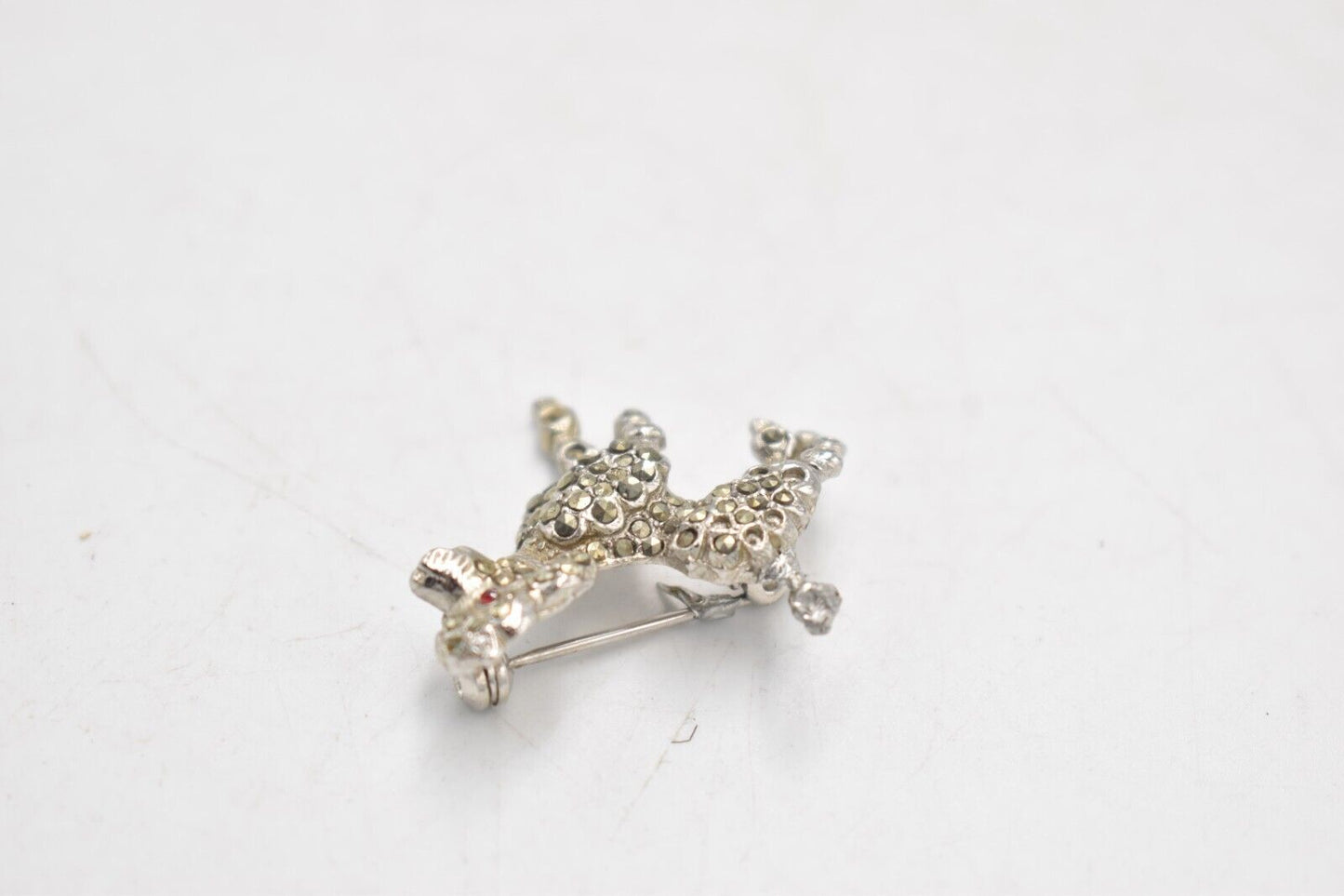 Vintage Silver Tone Marcasite Poodle Dog Brooch with Red Eyes –Women's Jewellery