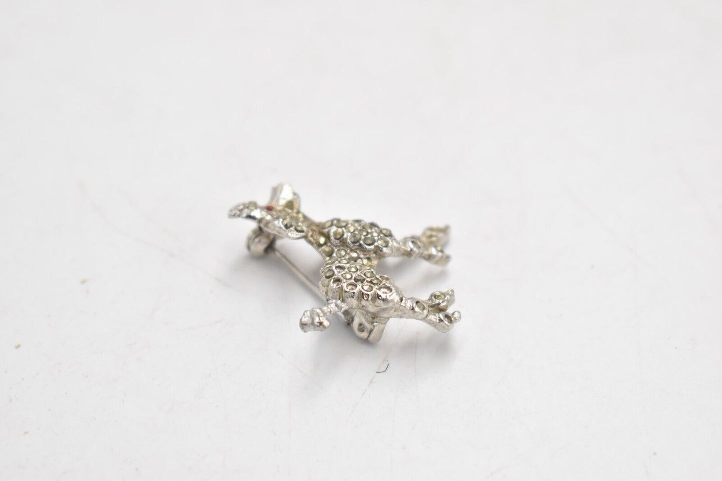 Vintage Silver Tone Marcasite Poodle Dog Brooch with Red Eyes –Women's Jewellery