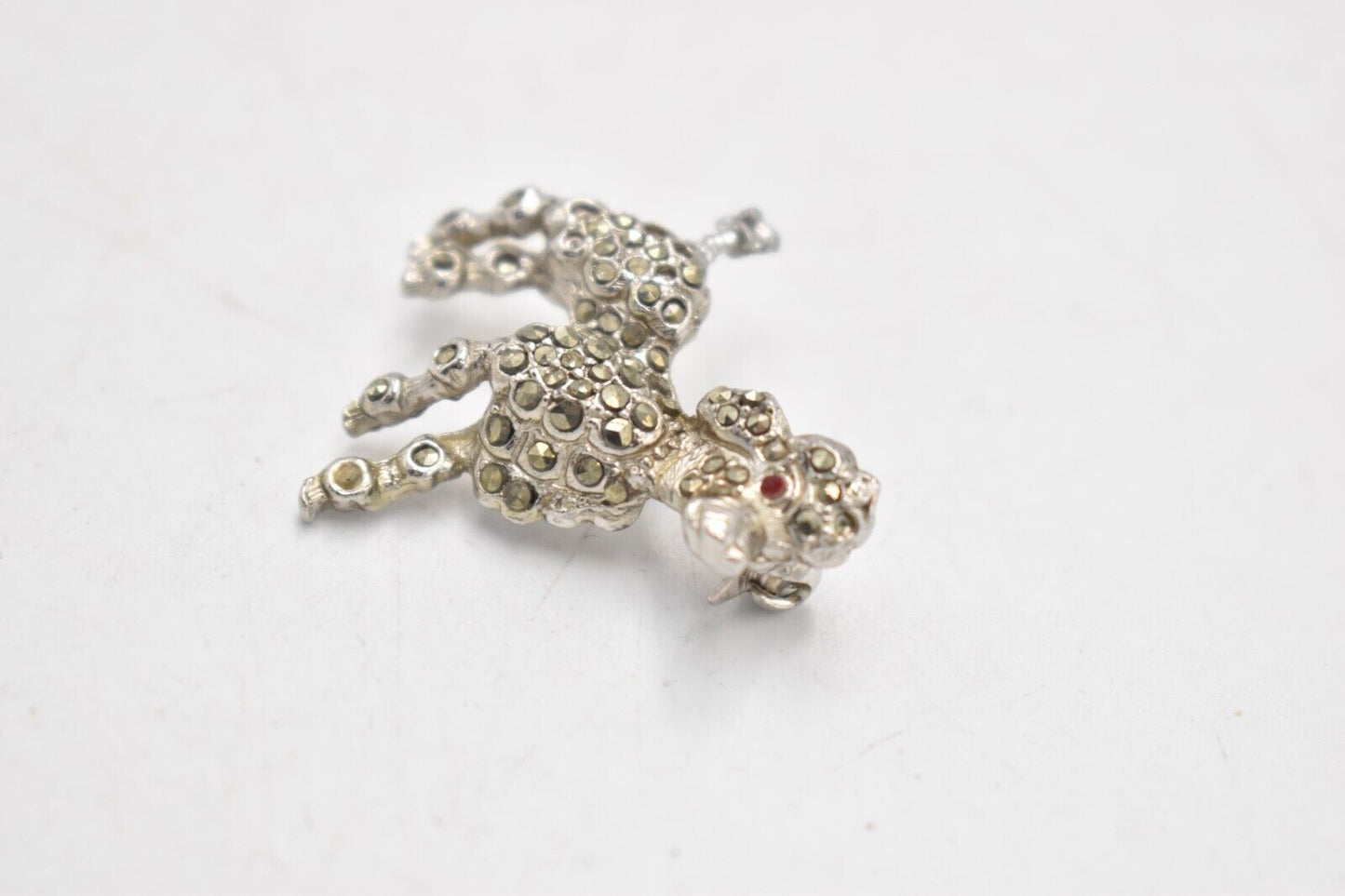 Vintage Silver Tone Marcasite Poodle Dog Brooch with Red Eyes –Women's Jewellery