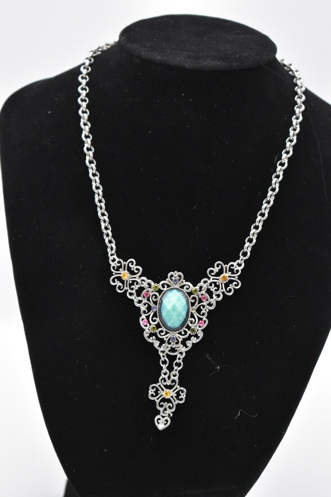 Vintage Renaissance Gothic Style Necklace - Multi-Colour with Aqua Gemstone